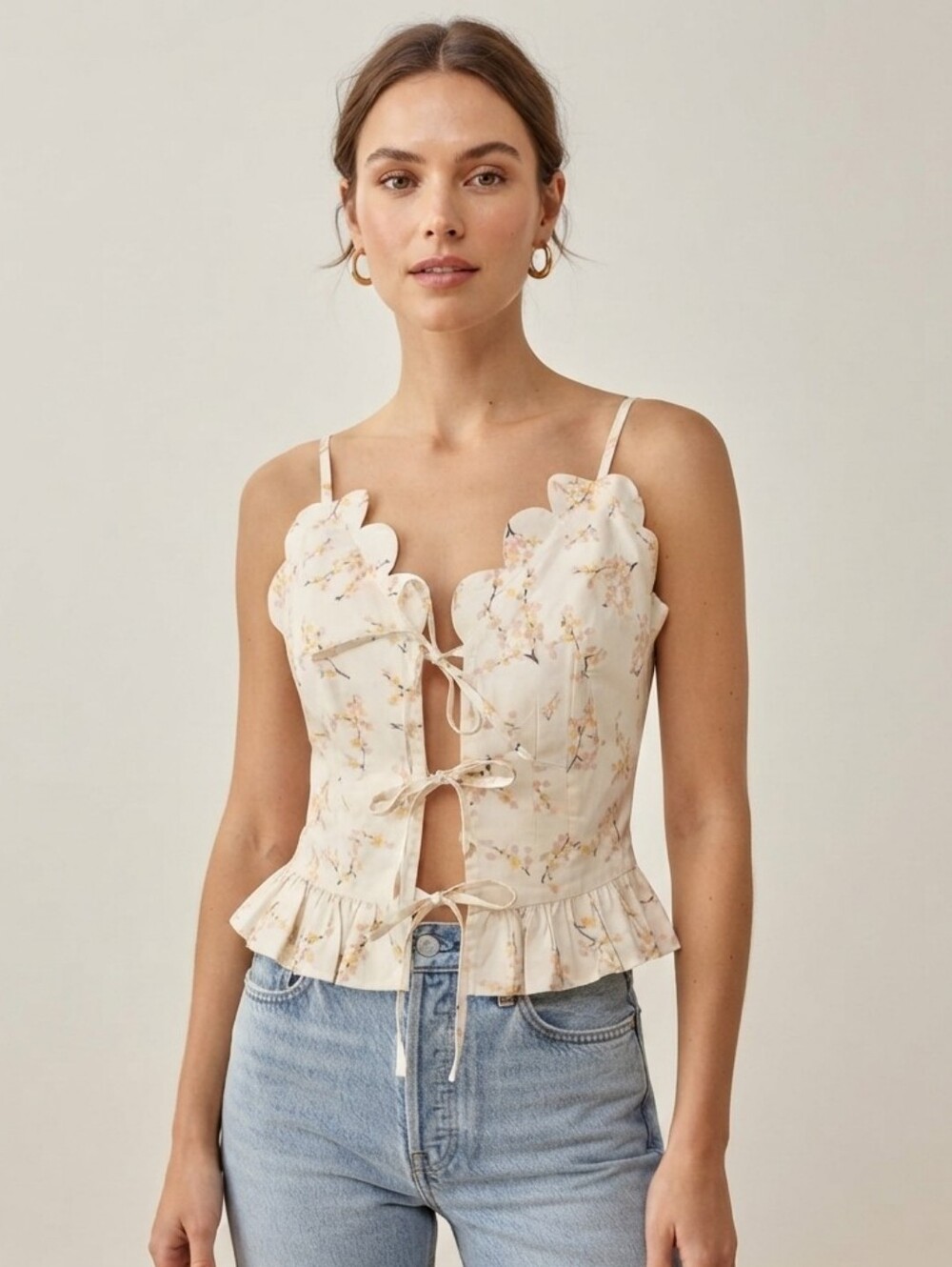 Naya Rea Emma Floral Scalloped Tie Front Peplum Camisole UK 8 / US 4
